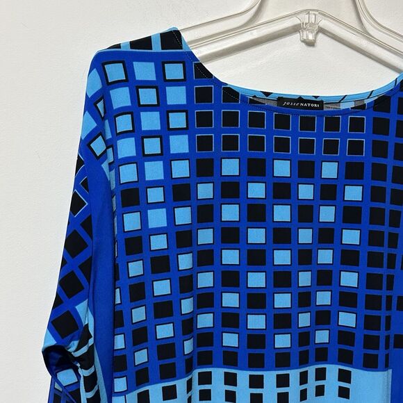 Josie Natori Popover Top Shirt M Stretch Knit Blue Geo Designer Long Sleeve NEW - Picture 4 of 11